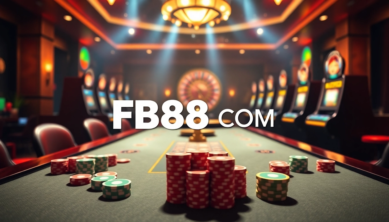 Gambling scene featuring FB88 COM logo with casino tables and chips, illustrating luxury and excitement.