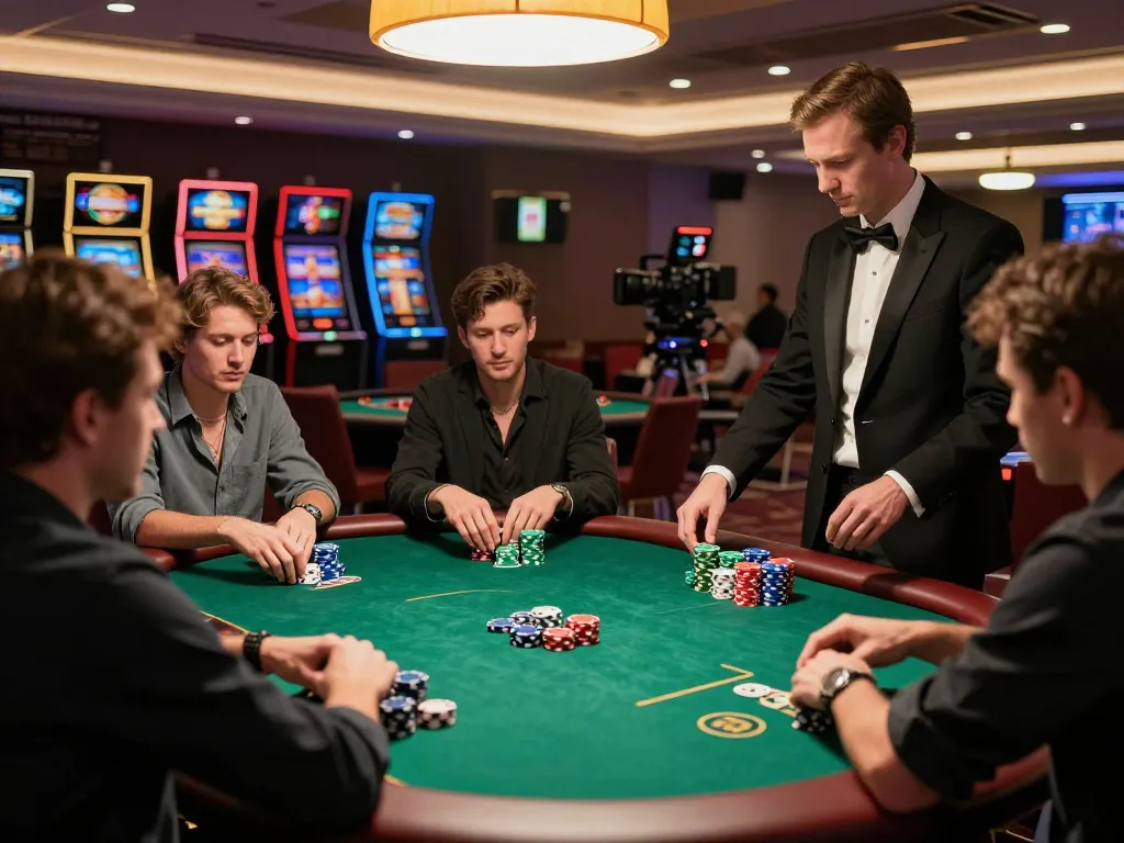 Players strategizing during a kkwin poker game, showcasing intense gameplay and vibrant casino atmosphere.