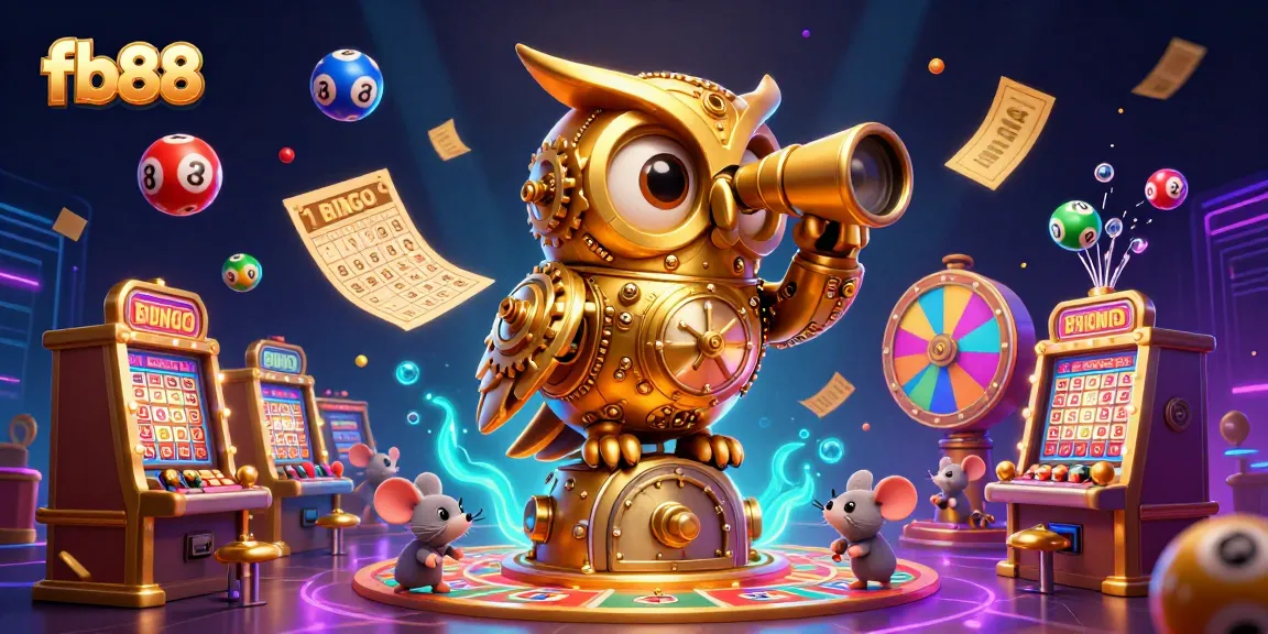 Engage in thrilling gaming at fb88 with a 3D depiction of a golden clockwork owl and lively casino atmosphere.