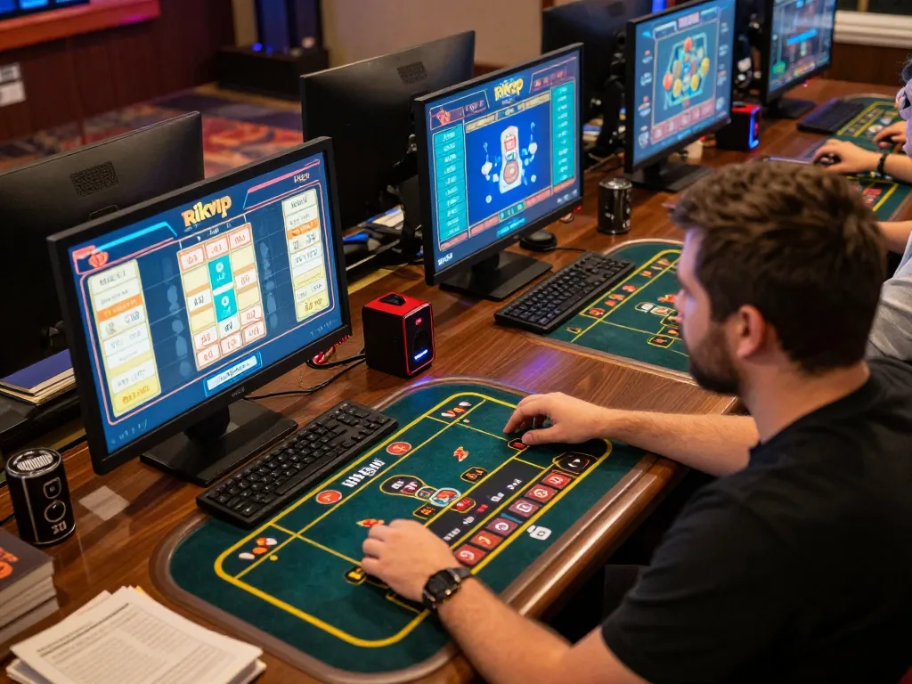 Player strategically engaging in online gaming on Rikvip, showcasing excitement and focus in cozy setting.
