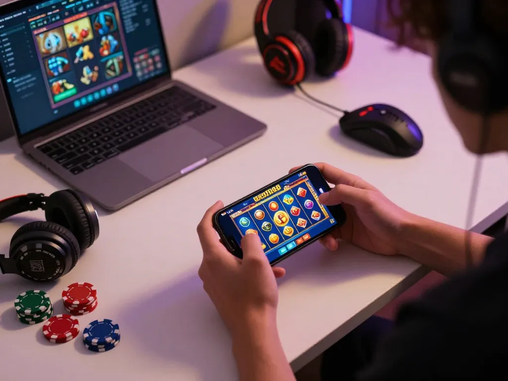 Engaging in mobile slot88 gaming on a smartphone, vibrant gameplay interface visible, modern setup