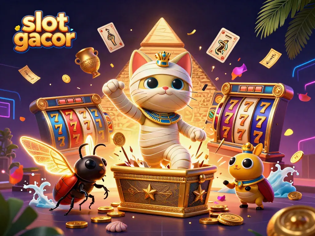 Slot gacor menampilkan kucing mummy kuno dalam kasino dengan elemen permainan yang berwarna-warni.