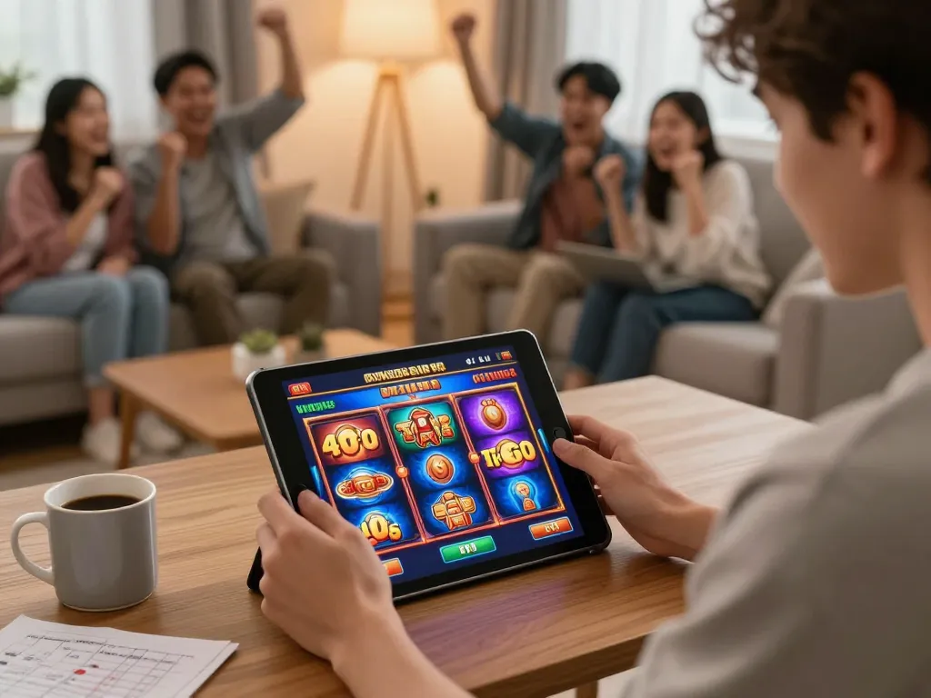 Playing slots online using phdream6268 app on a cozy home setup, showcasing vibrant game graphics and strategy notes.