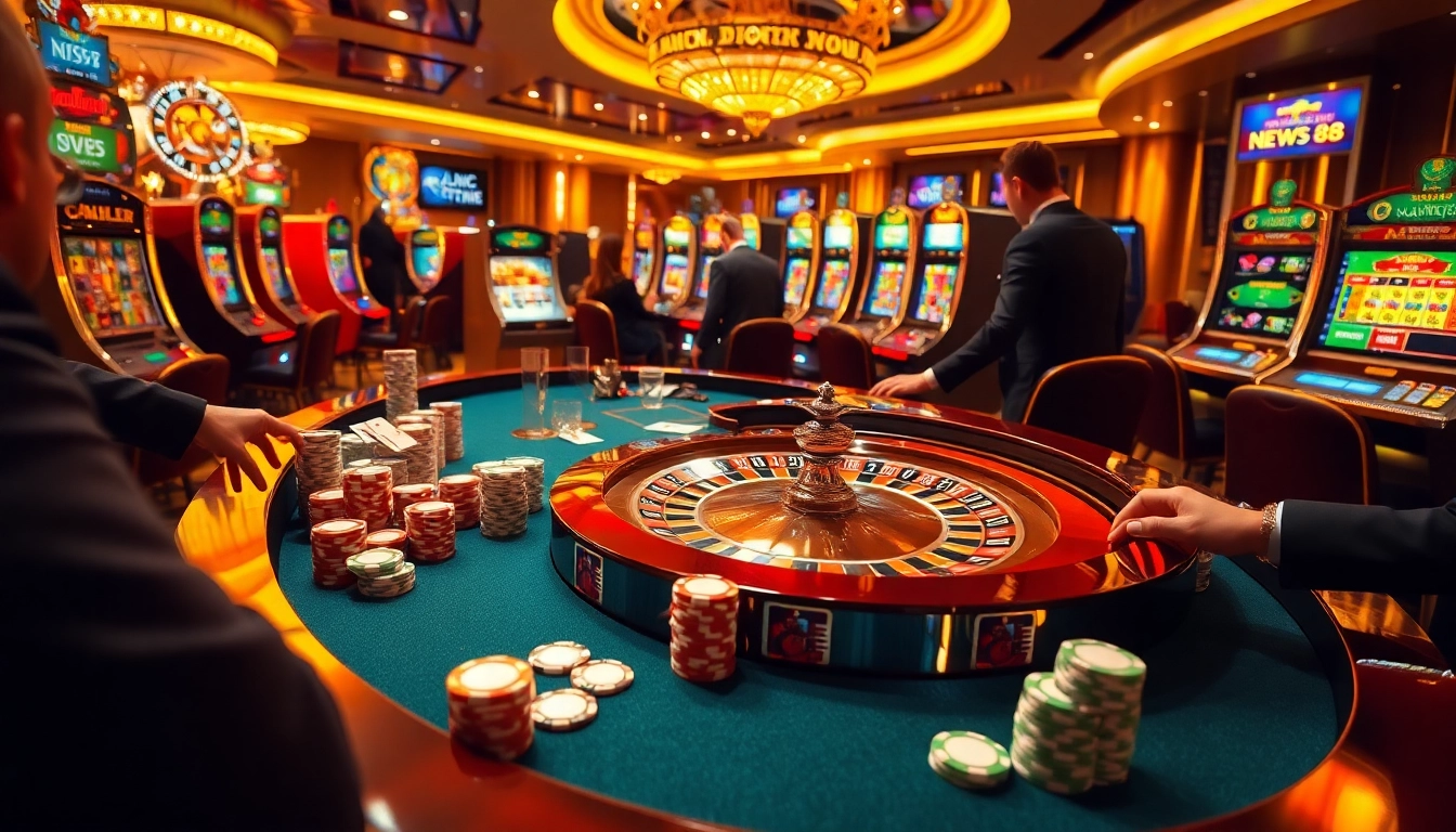 Engaging gamblers at the luxurious casino scene featuring Link NEW88, poker chips, and roulette wheels.