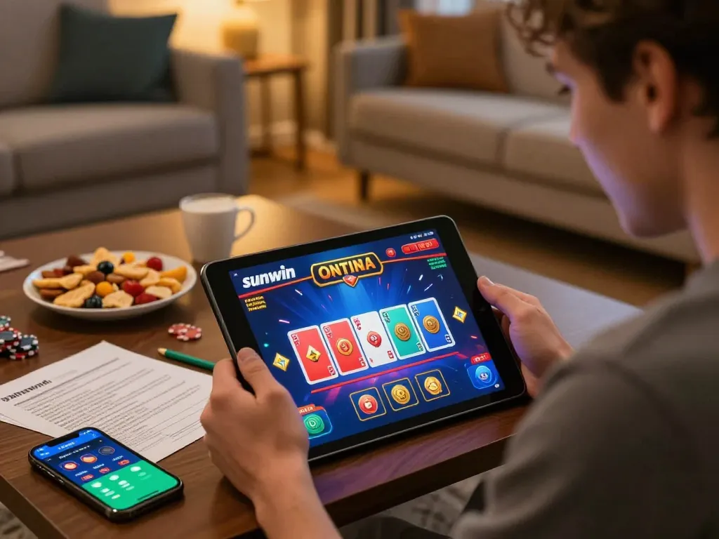 Player enjoying live sunwin online casino game on tablet in cozy living room setting.