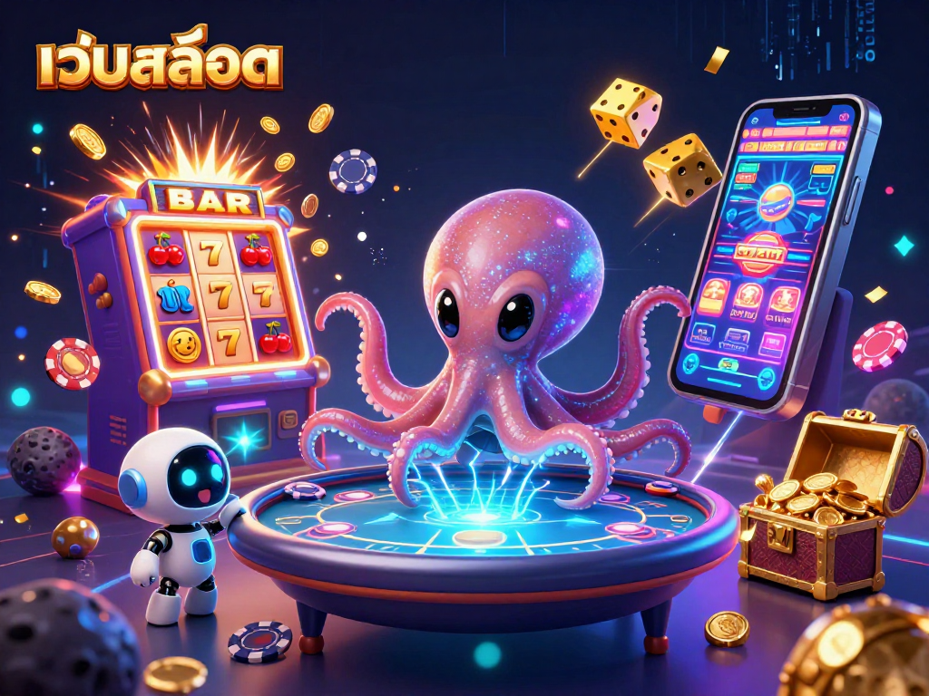 Engage in thrilling เว็บสล็อต action featuring an alien octopus at a poker table surrounded by dazzling casino elements.