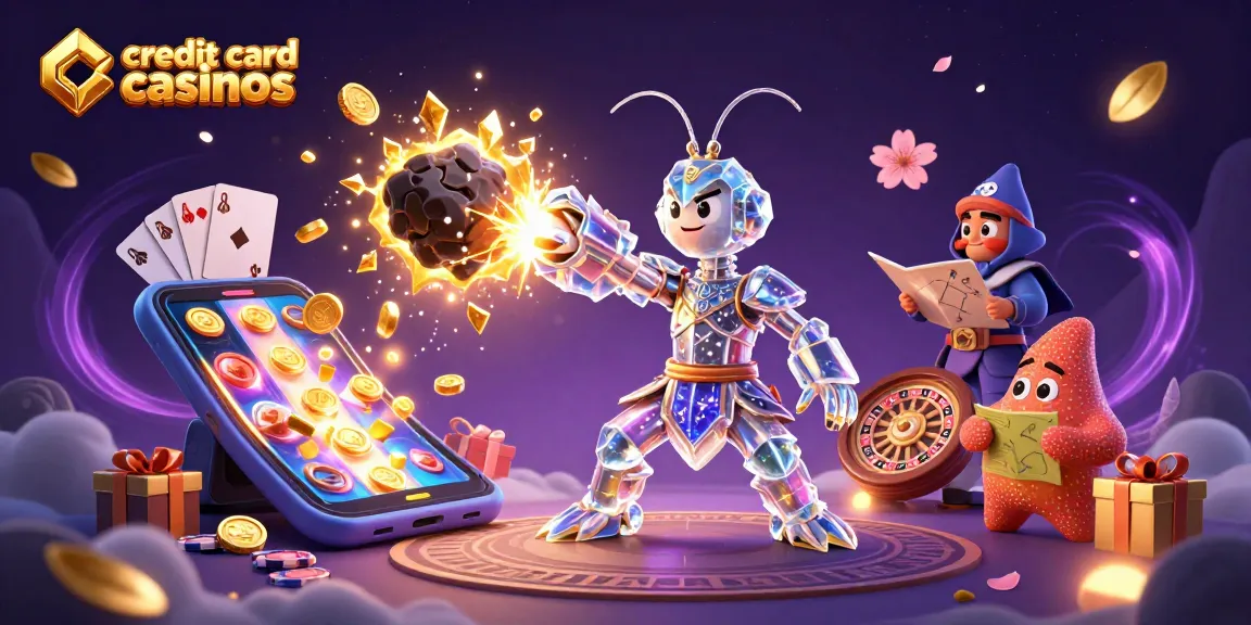 Experience the action at credit card casinos with vibrant characters and game elements in a lively scene.