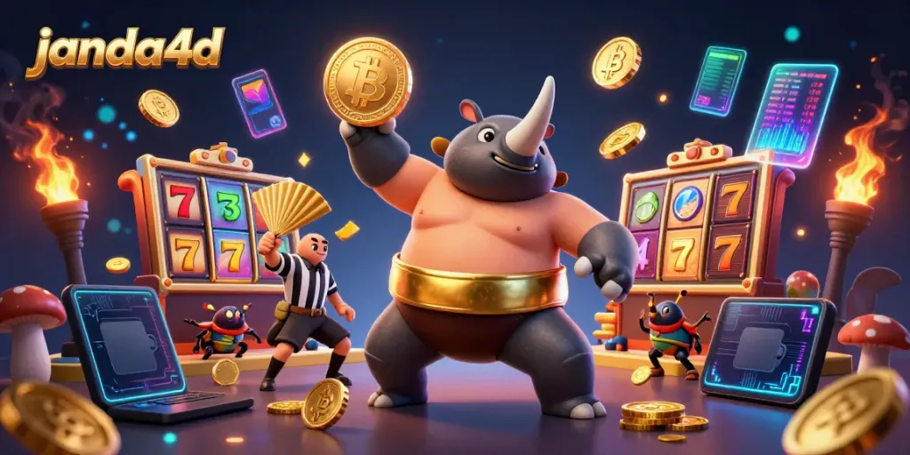Menangkan koin emas di JANDA4D saat juara sumo kepiting merayakan dengan penonton yang semarak.