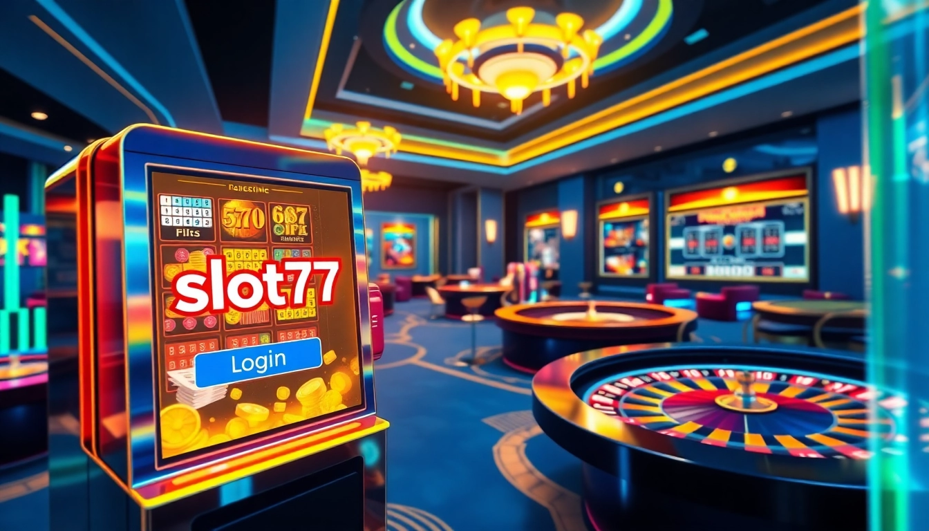 Experience the excitement of slot777 login at a luxurious online casino with vibrant slot machines and dynamic gaming elements.