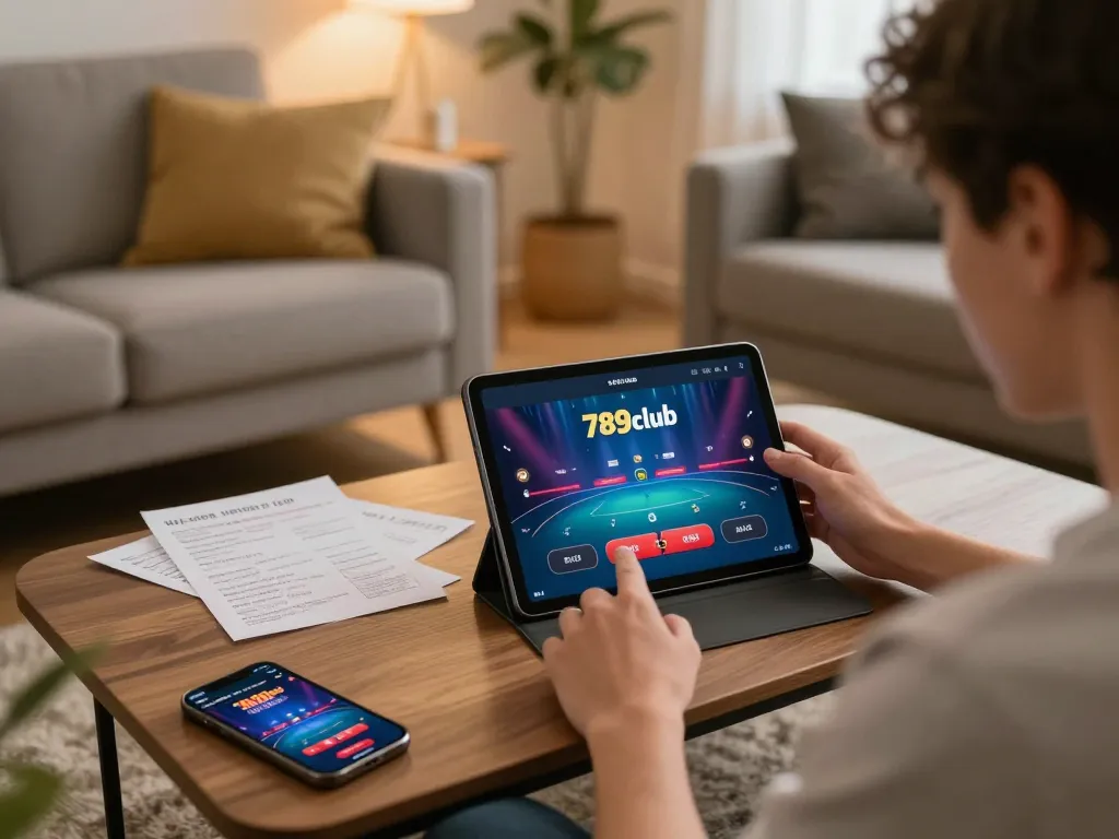 Player engaging with 789club app on tablet in cozy setting, emphasizing strategic online gambling.