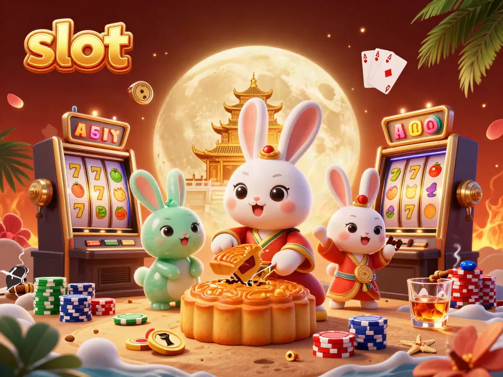 Engage in thrilling slot play with a moon rabbit character surrounded by vibrant gaming elements.
