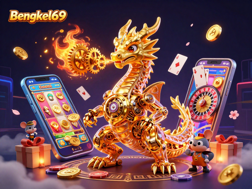 Engage in thrilling gameplay with Bengkel69, featuring a dragon and casino elements in an enchanting scene.