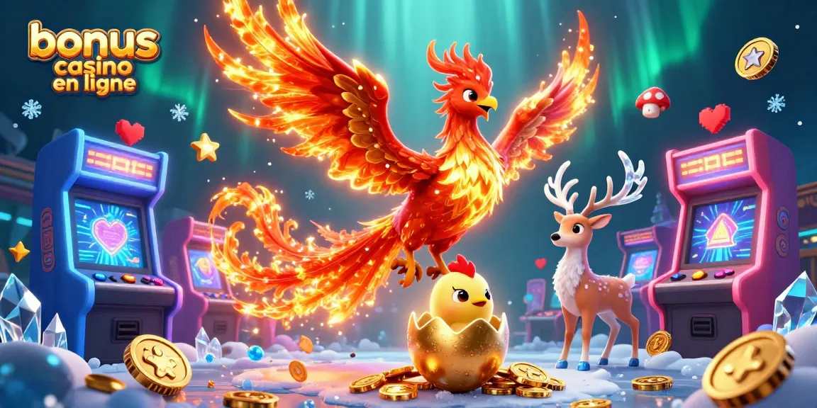 Interagissez avec la scène des bonus de casino en ligne mettant en vedette un phénix de feu et des éléments de jeu.