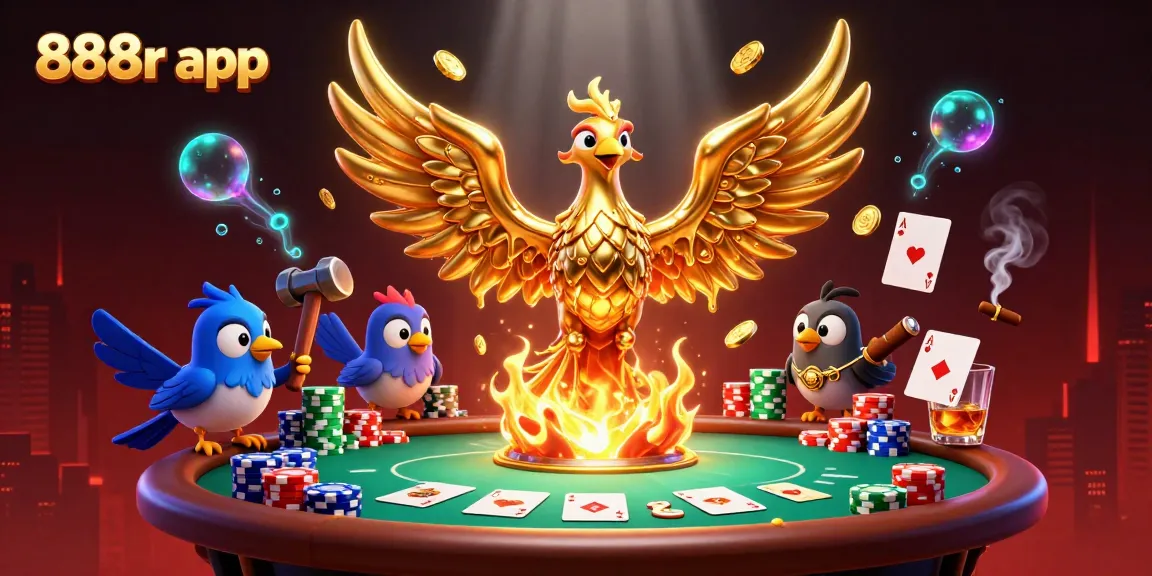 Engage with the thrilling 888r app features in this rich casino illustration depicting a phoenix and poker elements.