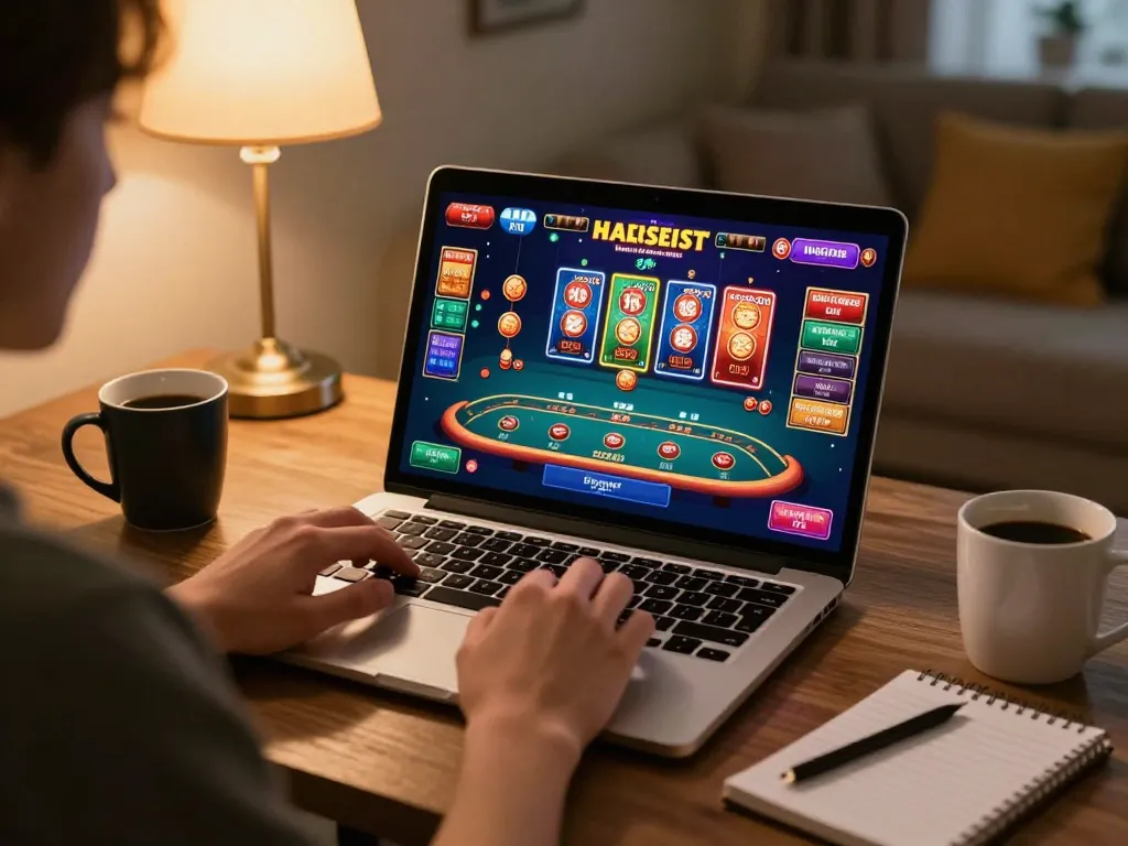 Engaged player exploring open88 com online casino experience from home, utilizing a laptop for immersive gaming.