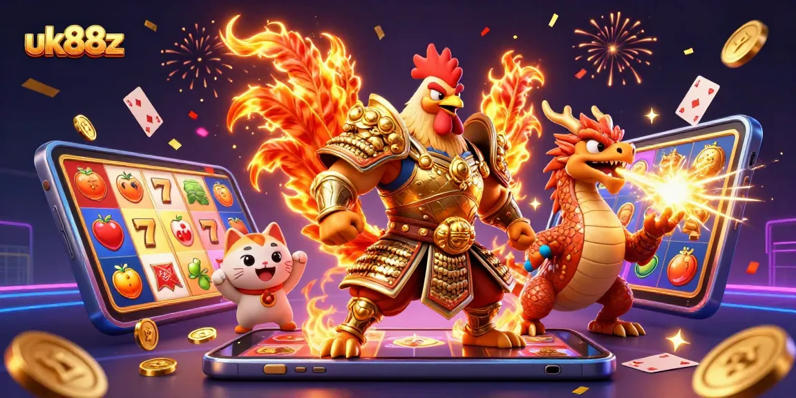 Engage in thrilling action with uk88z, featuring a samurai rooster and dragon amidst dynamic casino elements.