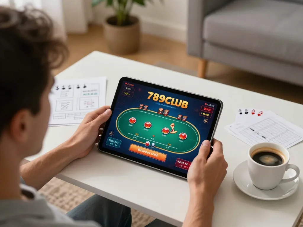 Player engaging in 789club online casino gameplay on tablet, surrounded by strategy notes and warm ambiance.