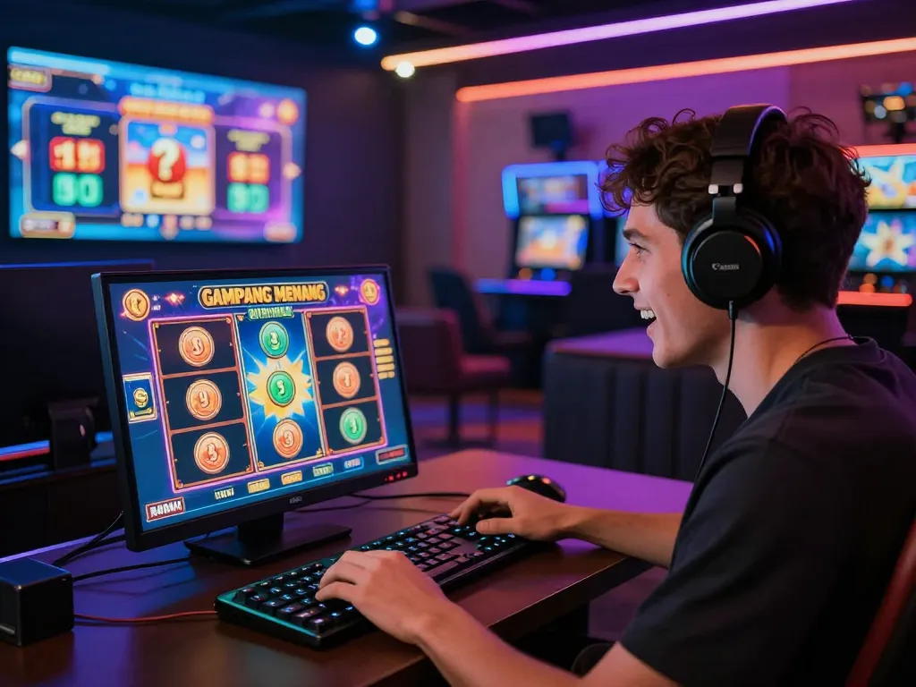 Pemain menikmati permainan slot gampang menang di lingkungan kasino online yang hidup dengan grafik yang cerah.