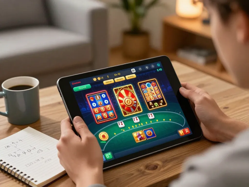 Engaging with gg88 online casino app on a tablet in a cozy home setup
