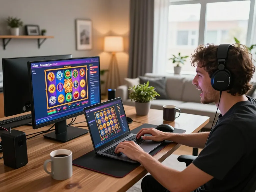 Player engaging with non gamstop casino games on a laptop at home, lively gaming atmosphere.