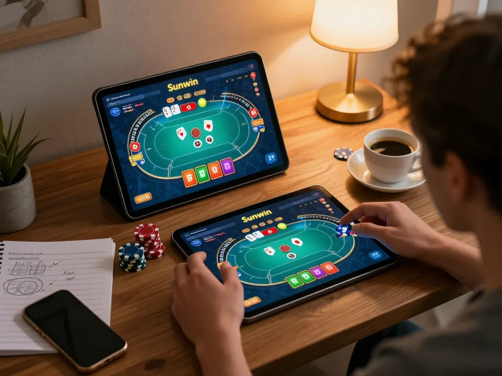 Engaging player on the Sunwin platform during online poker session, showcasing a cozy and strategic gaming environment.