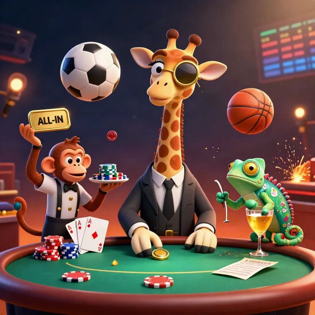 Luxury casino animals with flying sports balls, chips, and embers in a neon-lit scene.