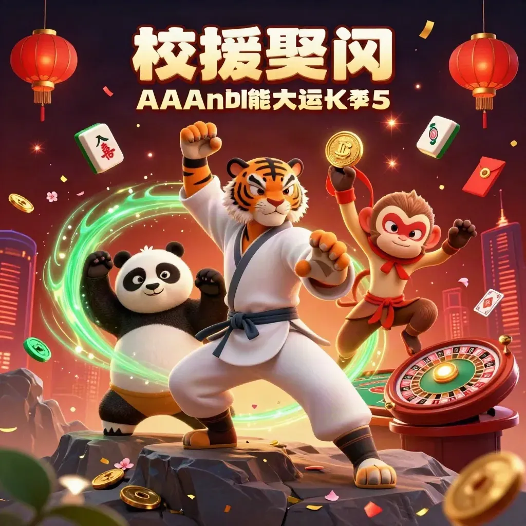 Kung-fu tiger, panda, and monkey amid casino charms, lanterns, coins, and fireworks.