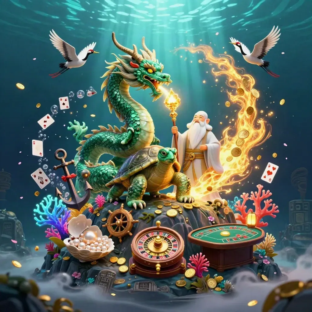 Dragon, turtle sage, and cranes amid underwater casino treasure, gold fire, and glowing props.