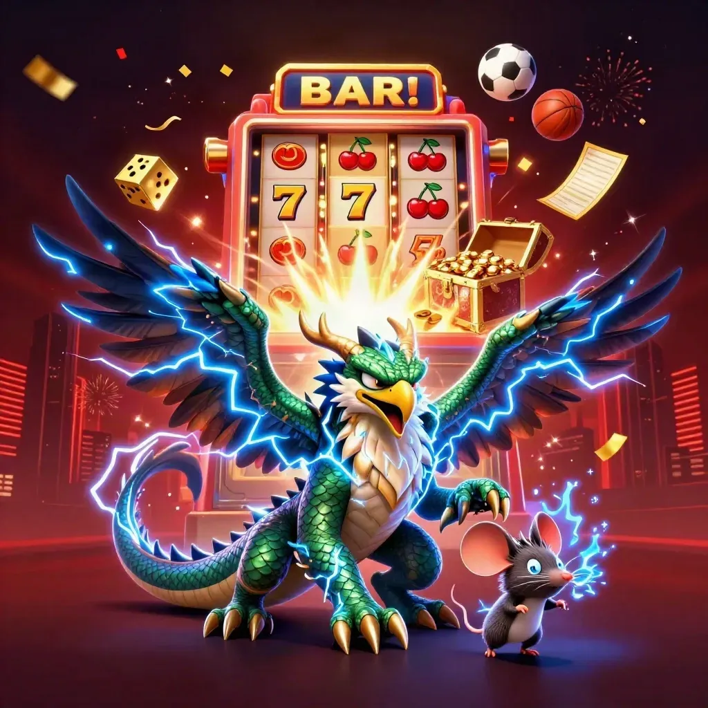 Electric dragon, hawk and thunder-mouse amid casino bursts, gold, balls and lightning.