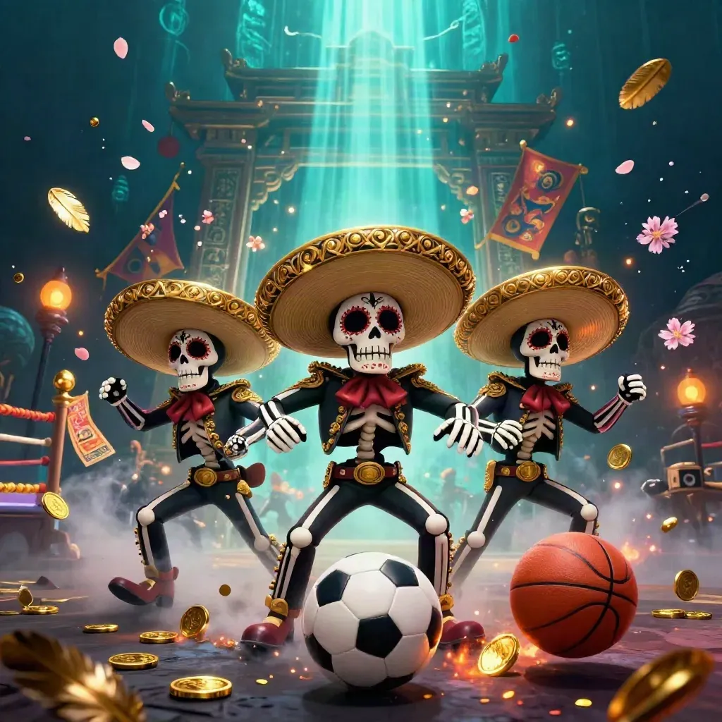 Day-of-the-Dead skeleton mariachi trio with soccer ball, basketball, gold coins, petals, and temple glow