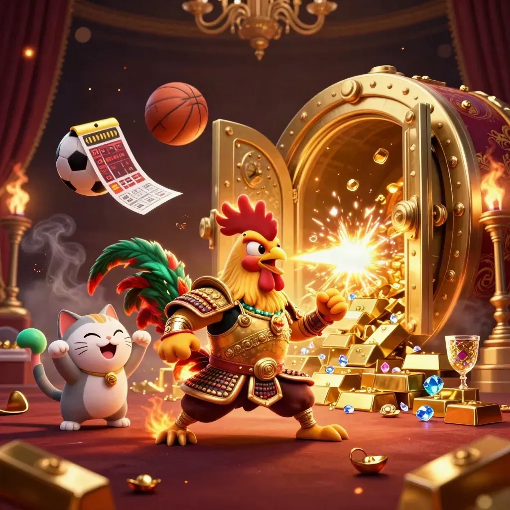 Rooster warrior, spark-breathing dragon hatchling and lucky cat amid gold and sports gear