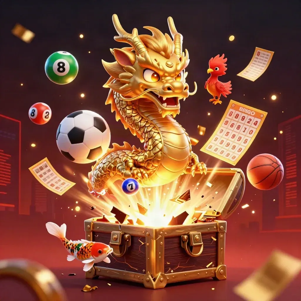 Golden dragon, phoenix, koi and casino props explode from a treasure chest in neon casino light.