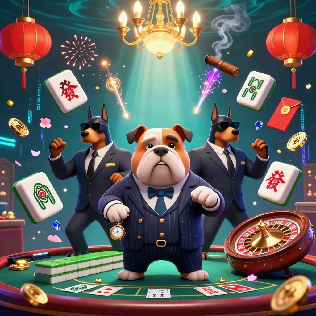 Bulldog boss and Doberman guards amid luxe casino chaos, lanterns, coins, and neon