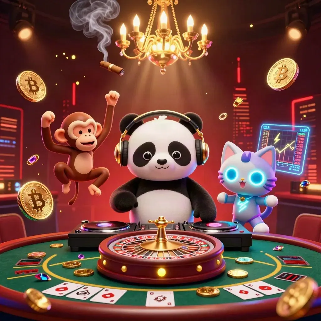 DJ panda, breakdancing monkey, and glow-stick kitten amid crypto coins and a spinning roulette wheel.