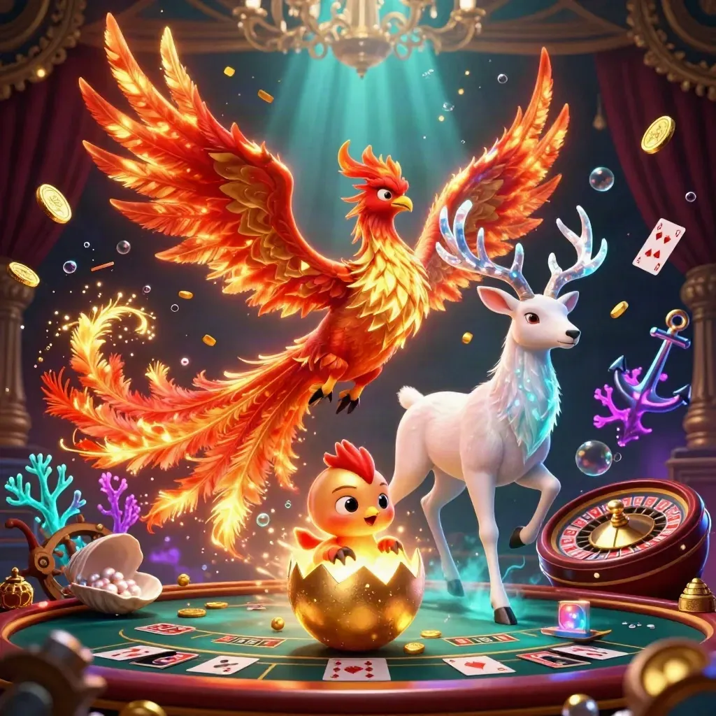 Phoenixes and a crystal-antler stag in a glowing treasure cove under chandelier bokeh.
