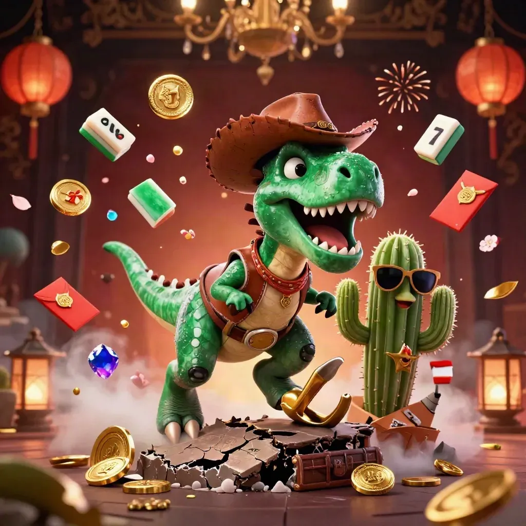 Cowboy T-Rex, cactus sidekick, and sheriff roadrunner explode with vault treasure and casino gems