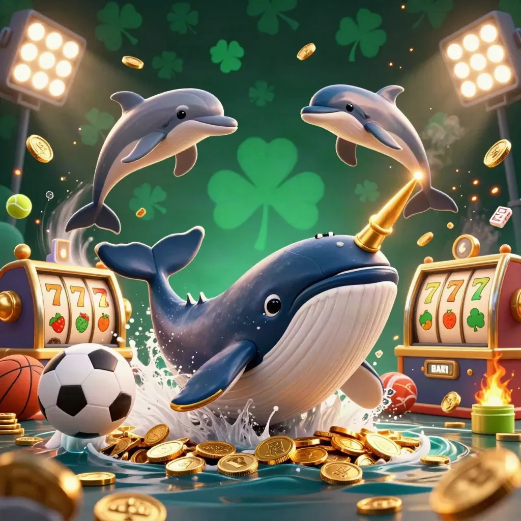 Whale captain, narwhal, dolphins and casino treasures burst through emerald coin spray.
