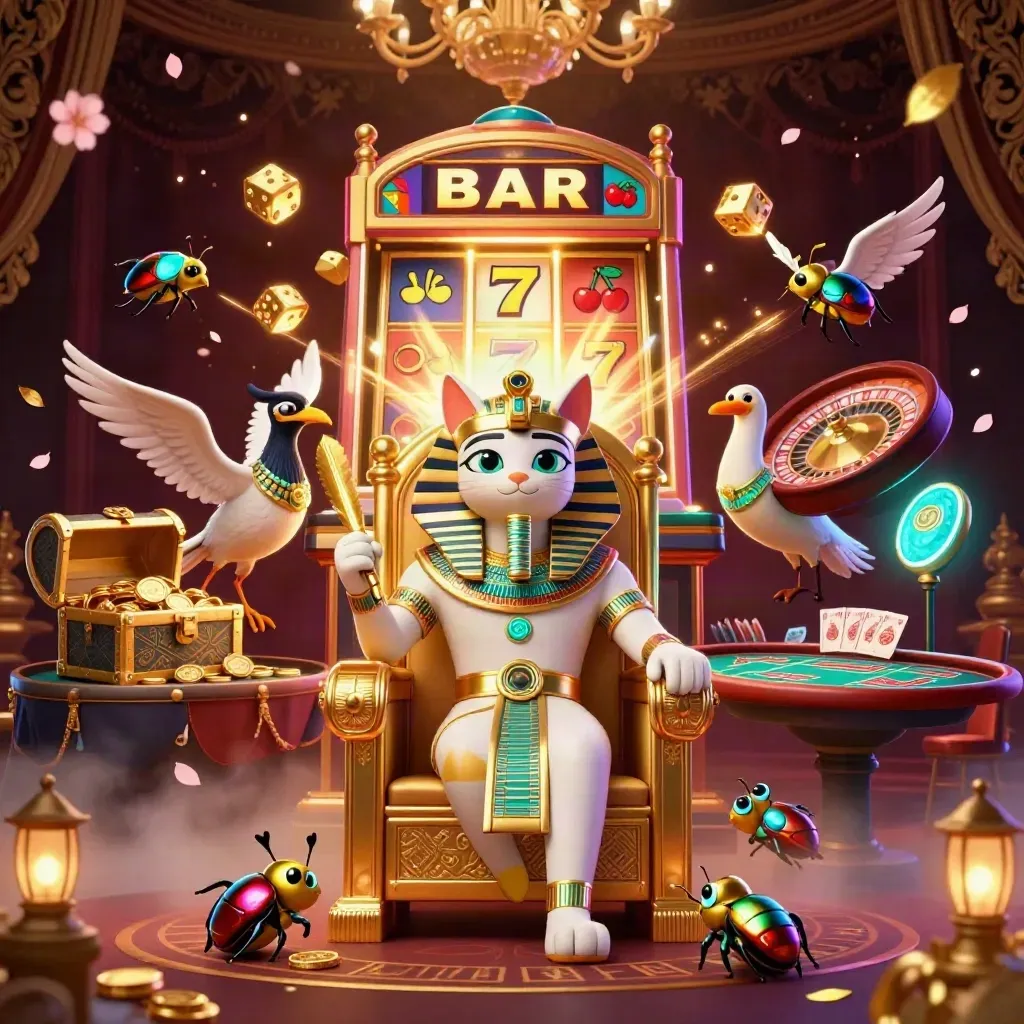 Pharaoh cat, ibis scribe and scarabs amid jackpot bursts, gold coins and casino symbols