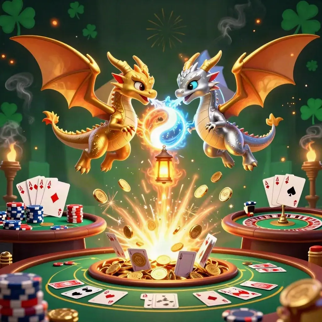 Twin gold and silver dragons swirl above casino chips, coins, cards, and fireworks in dark emerald glow.