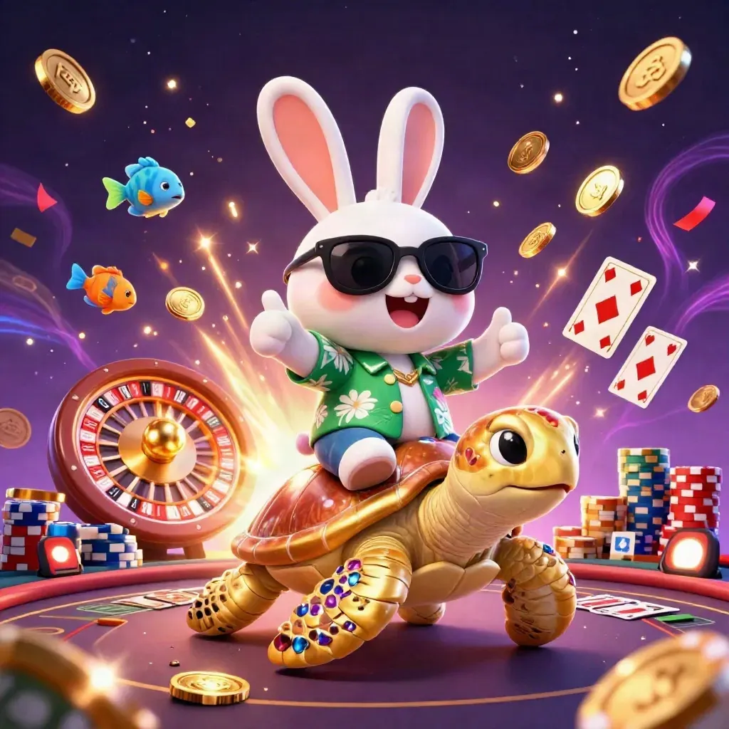 Rabbit on a golden sea turtle amid casino coins, cards, chips, fireworks, and sparkling treasure.