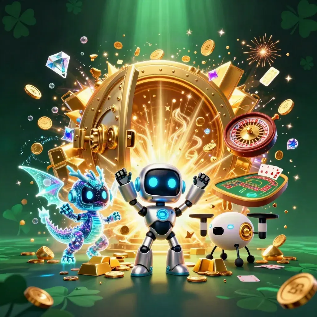 Robot, dragon, and coin drone burst from a vault amid gold, cards, and fireworks