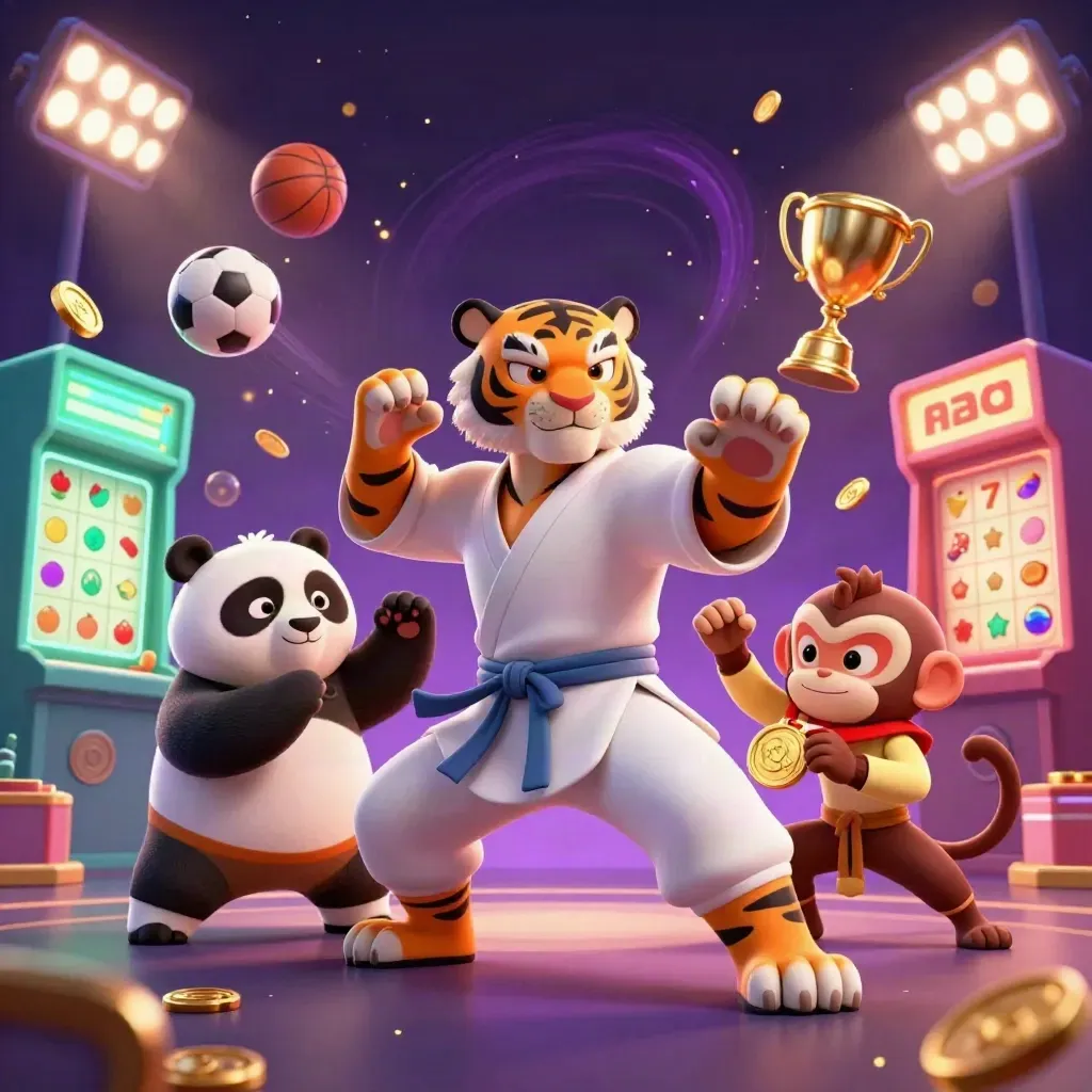 Tiger, panda, and monkey casino heroes amid sports balls, coins, reels, and glowing lights.