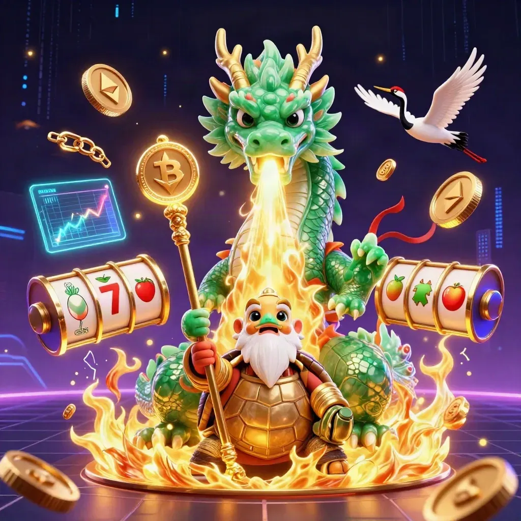 Emerald dragon, turtle sage and cranes amid gold fire, coins and neon casino energy.