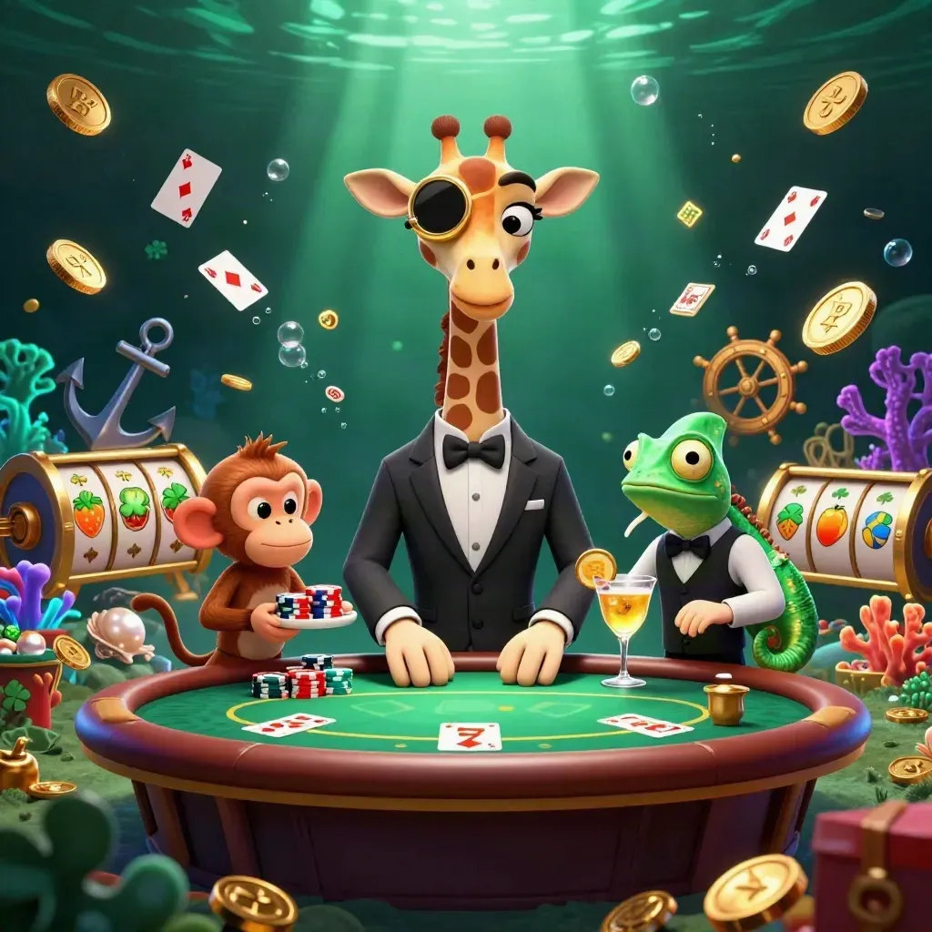 Giraffe, monkey valet, and chameleon bartender in a glowing underwater casino scene