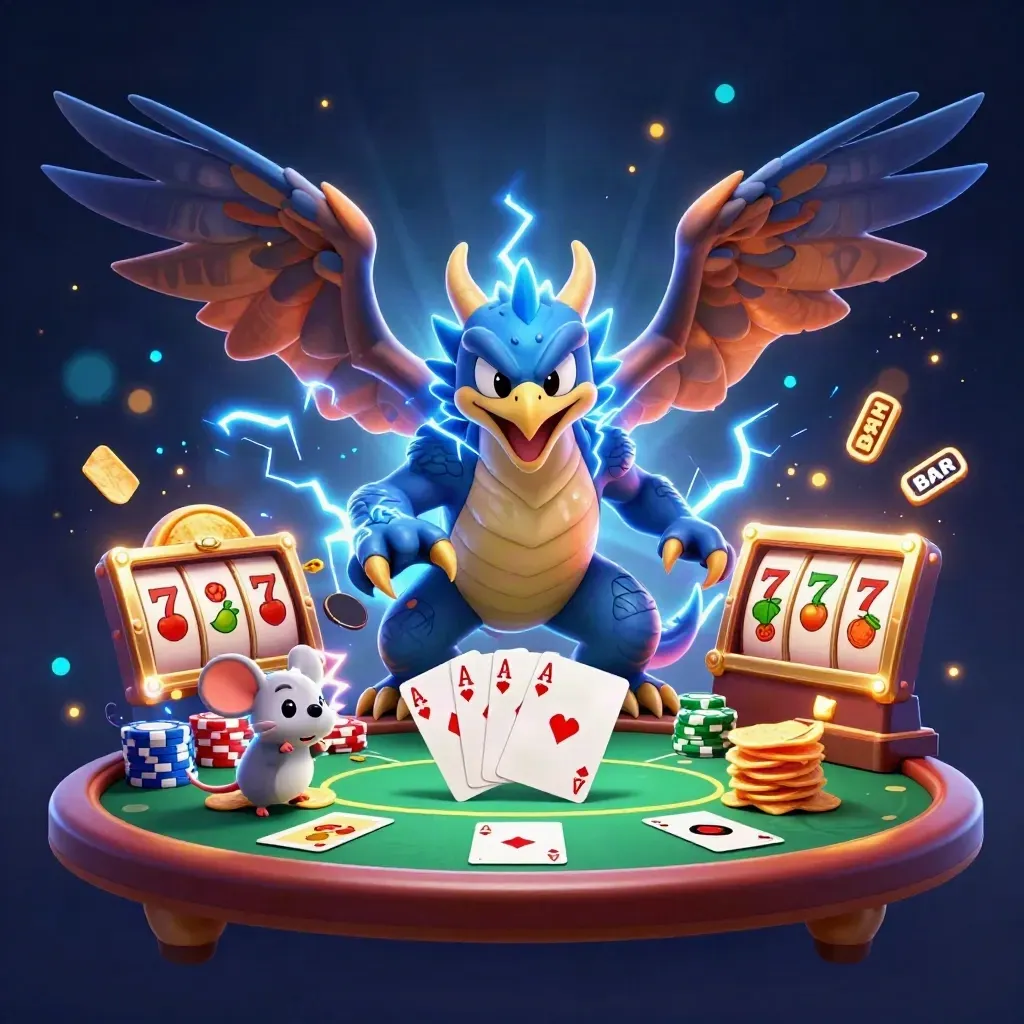 Thunder dragon, wind hawk and static mouse amid poker chips, cards and slot symbols in dark casino glow.