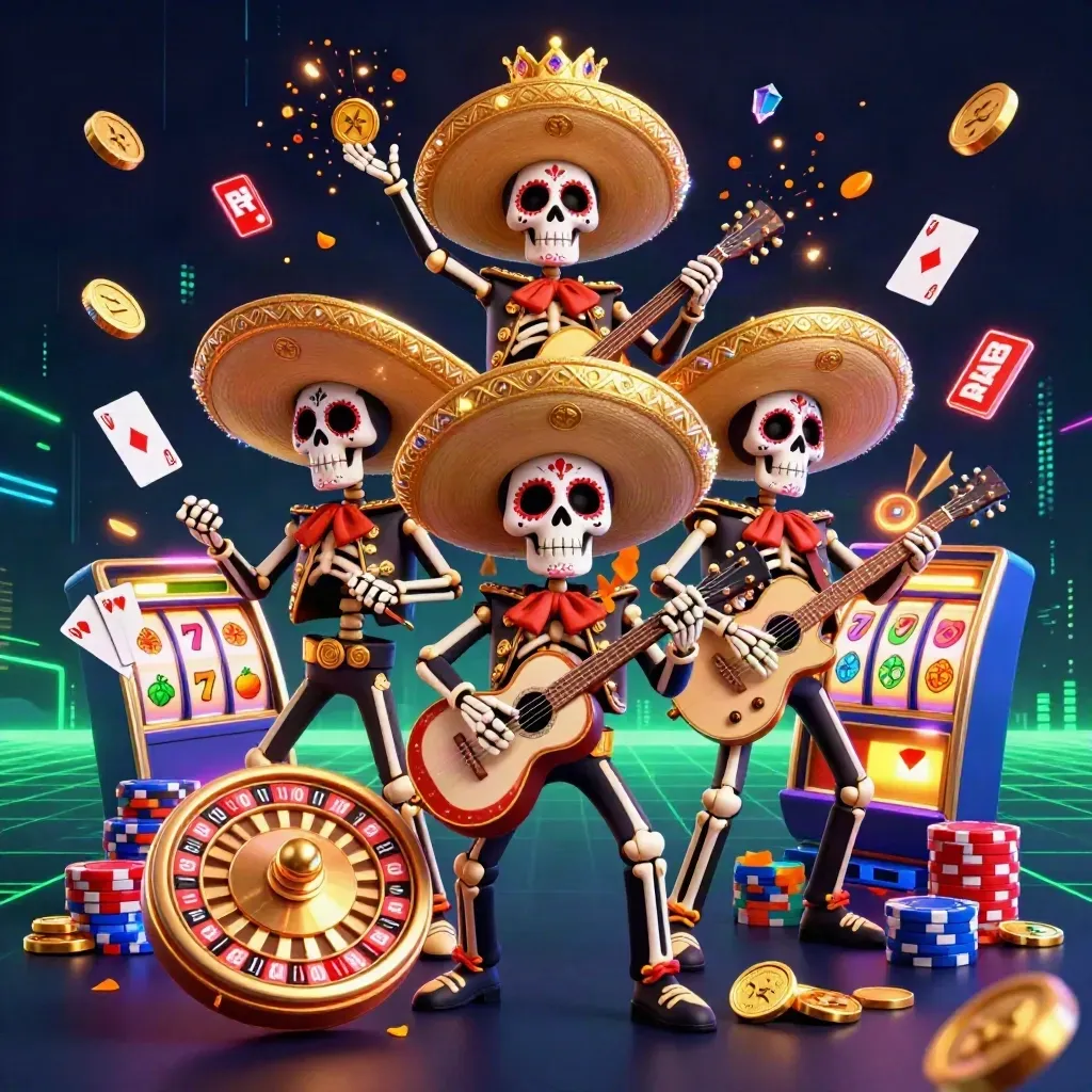 Skeleton mariachi trio amid casino coins, cards, chips, roulette, neon grid, and dark futuristic lights.