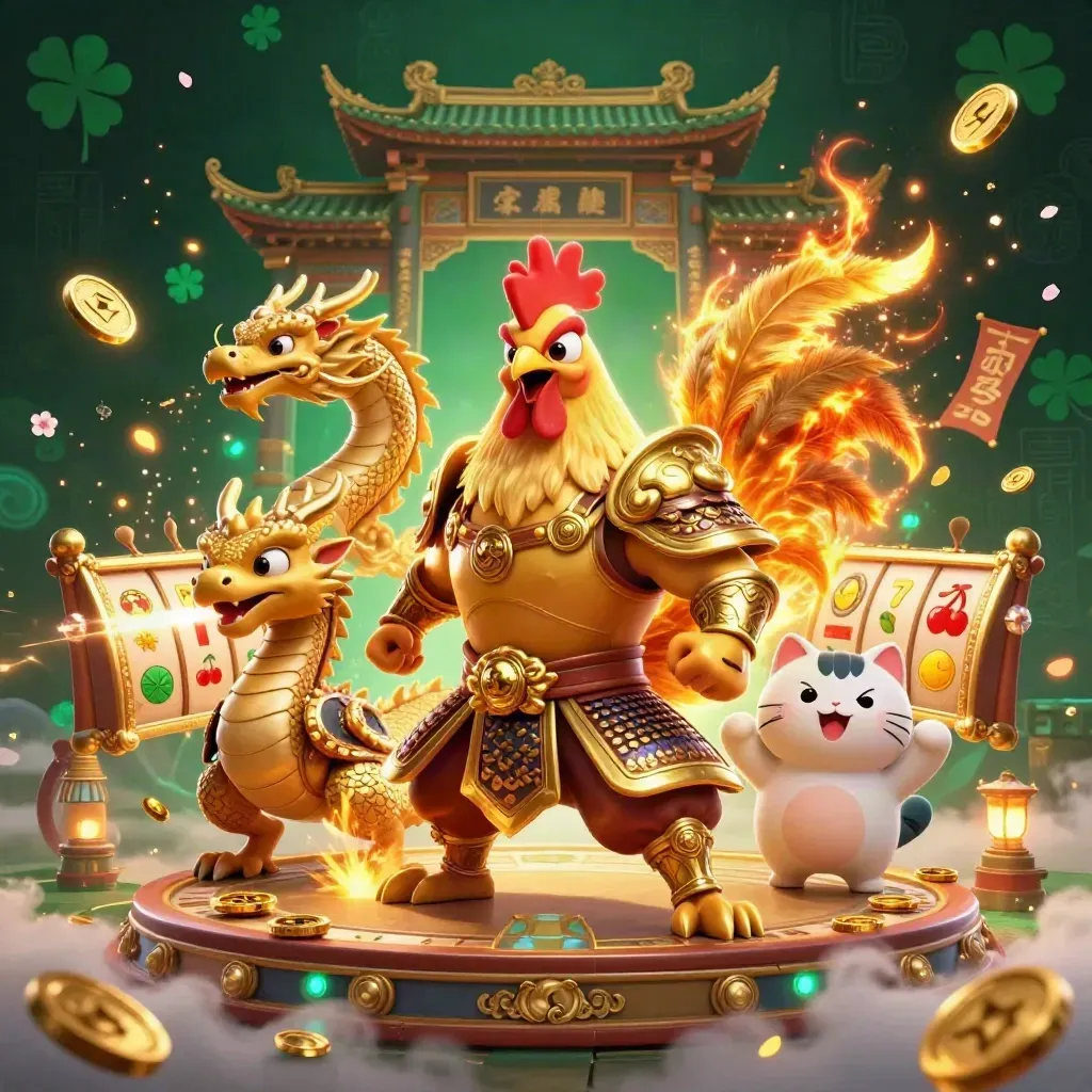 Rooster warrior, dragon hatchling, and fortune cat in a fiery casino ring with reels and coins.