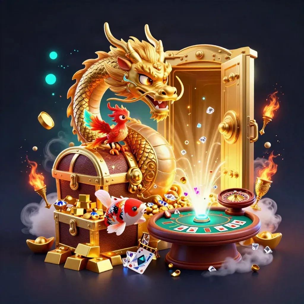Golden dragon with phoenix and koi amid casino treasure, sparks, and neon light