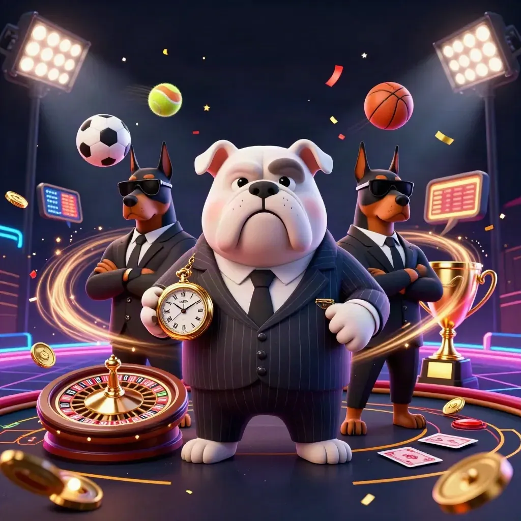 Cartoon bulldog boss and two Dobermans amid casino games, coins, fireworks, and neon lights.