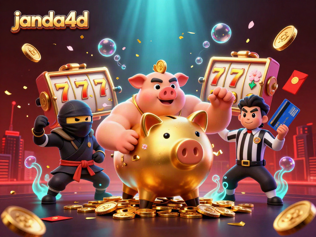 JANDA4D menghadirkan suasana kasino dengan karakter celengan emas, ninja, dan samurai.